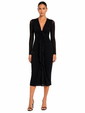FUZZI Italian Mesh Ruched Tie Front Midi Dress